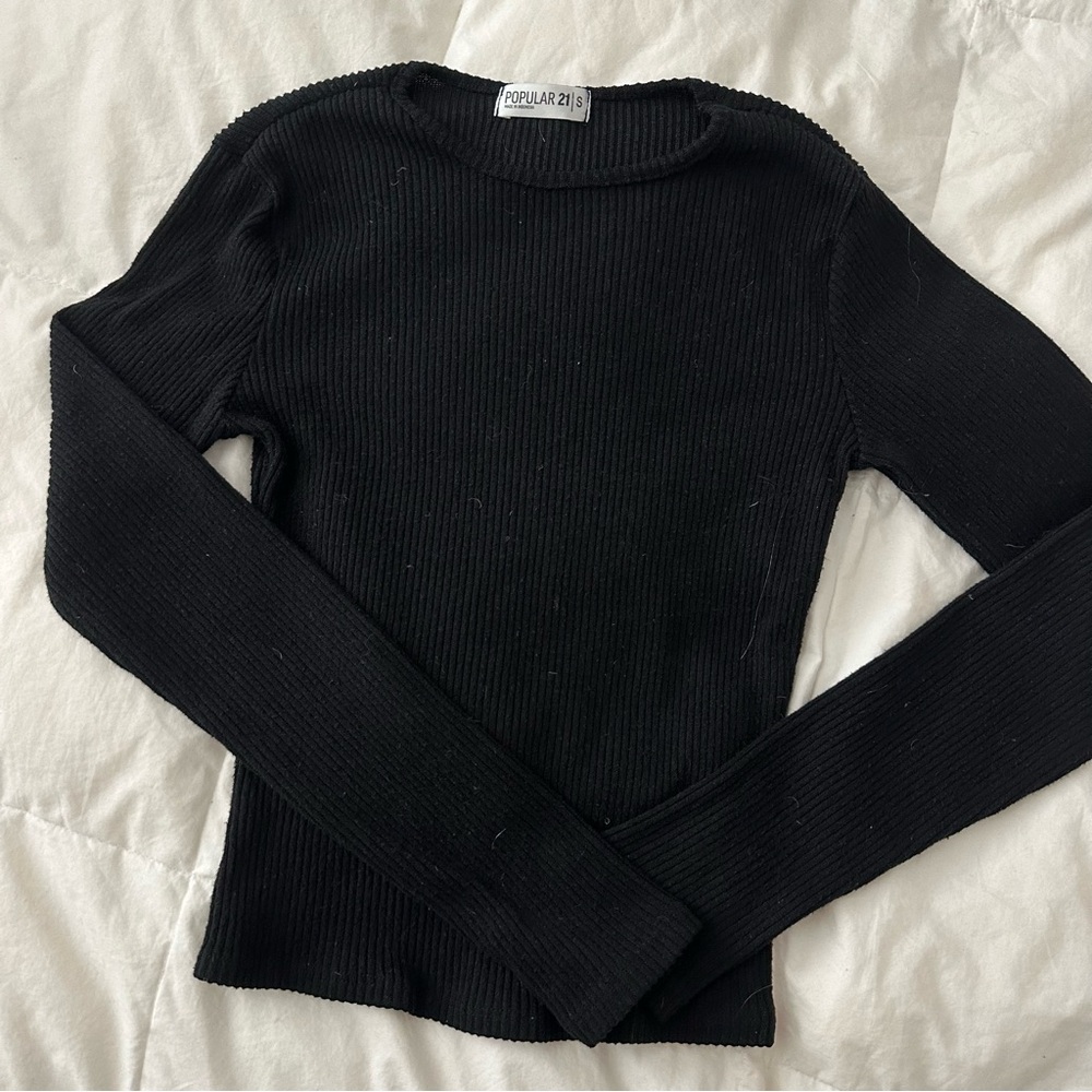 Popular 21 Black Ribbed Long Sleeve Top SzS